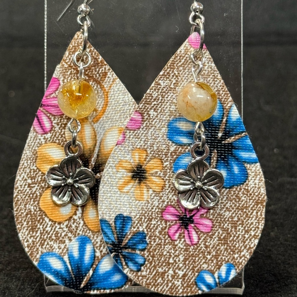 Chic Floral Faux Leather Teardrop Earrings with Silver Charms